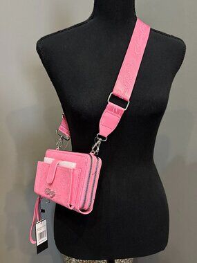 Ed Hardy Embossed Skulls Multi Compartment Pink Crossbody